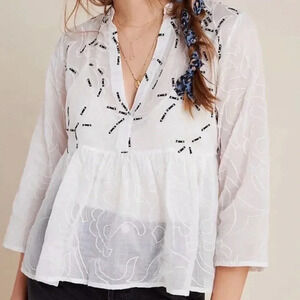 Amit Aggarwal Anthropologie Ramona Embroidered White Babydoll Top SIZE XSMALL